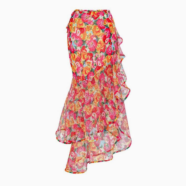 Vintage Floral High Waist Ruffle Chiffon Bow Tie Maxi Wrap Sarong Cover Up