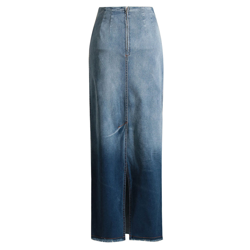 Vintage Gradient Raw Trim Back Slit High Waist Maxi Denim Skirt