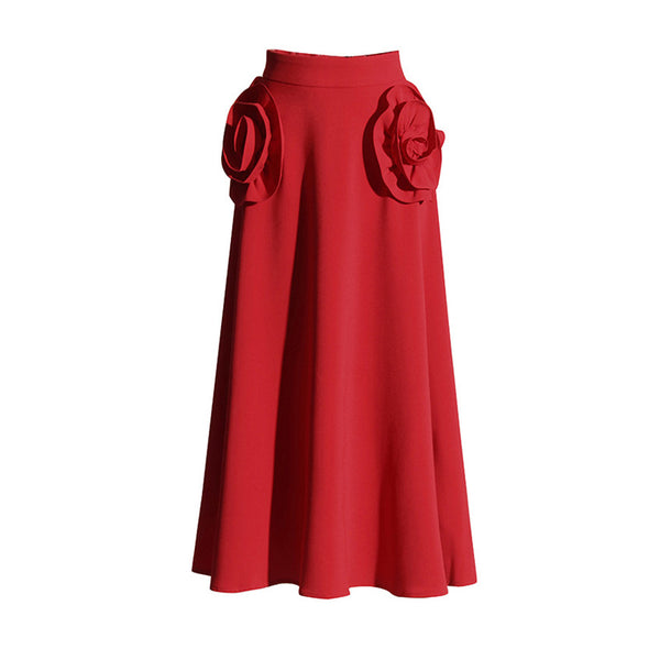 Vintage High Waist Swirl Rosette Embellished Flared A Line Crepe Midi Skirt