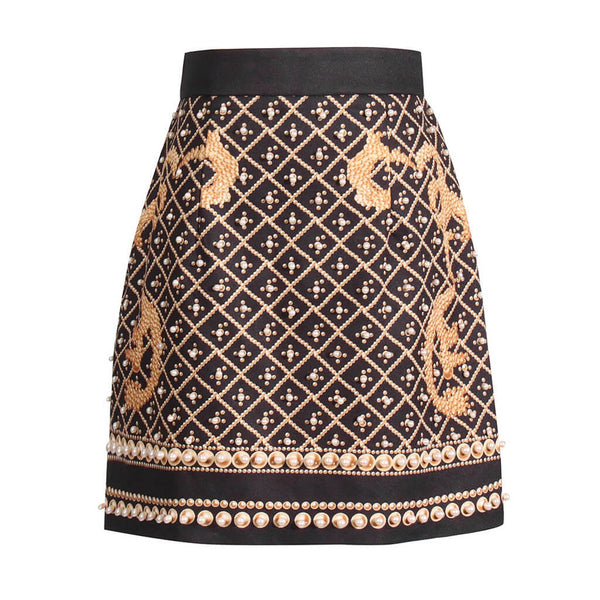 Vintage Imitated Pearl Baroque Print High Waist A Line Mini Skirt