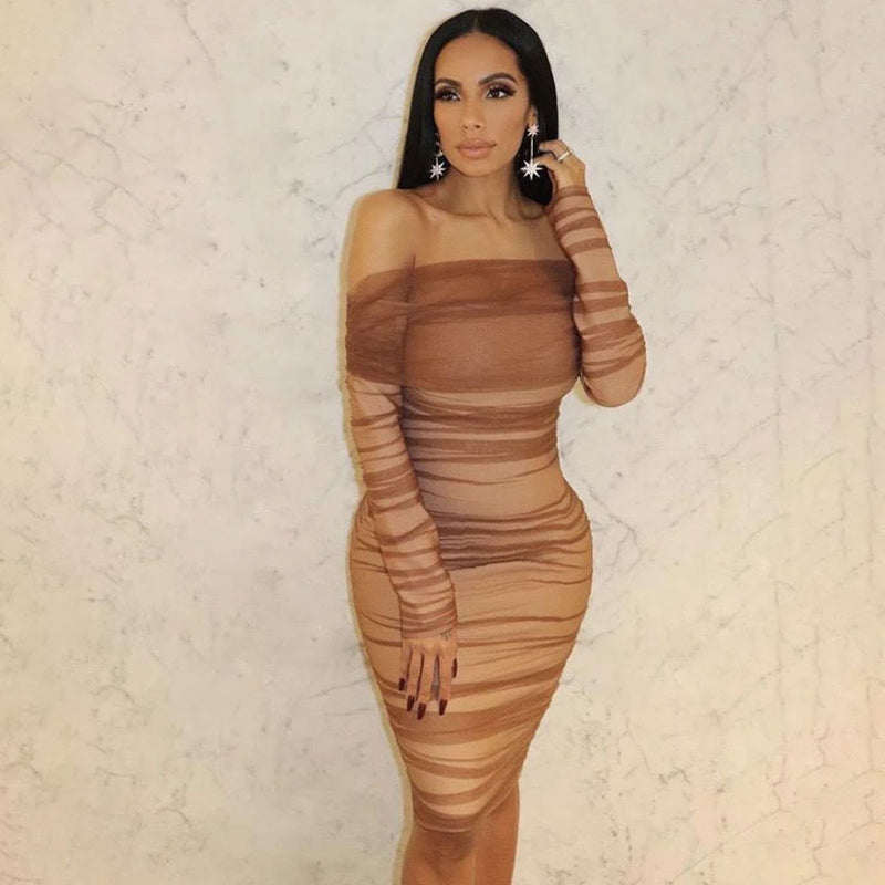 Vintage Off Shoulder Long Sleeve Mesh Ruched Bodycon Cocktail Bandage Midi Dress