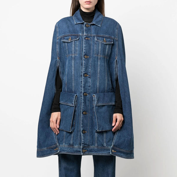 Vintage Oversized Single Breasted Cargo Pocket Long Cape Distressed Denim Coat