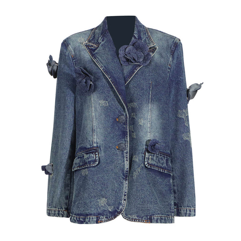 Vintage Rosette Applique Lapel Distressed Faded Oversized Denim Blazer