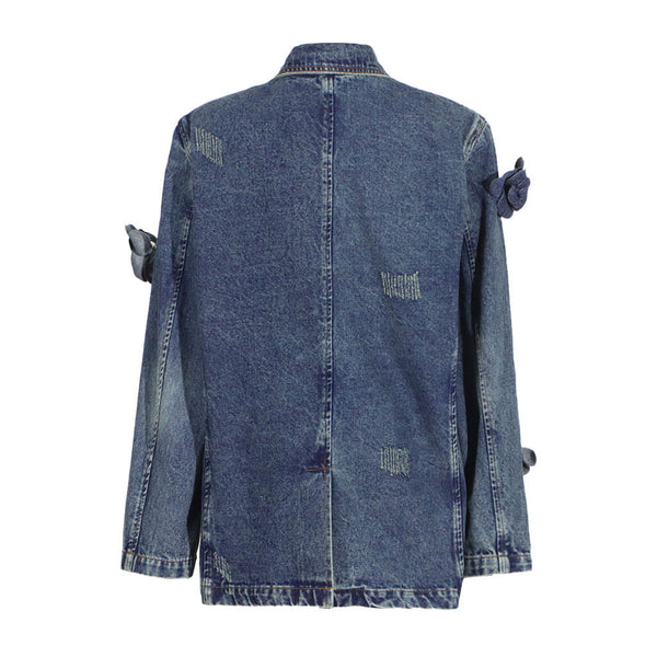 Vintage Rosette Applique Lapel Distressed Faded Oversized Denim Blazer