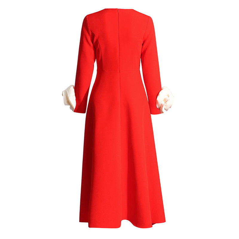 Vintage Round Neck Long Sleeve Fit and Flare Crepe Rosette Trim Midi Dress