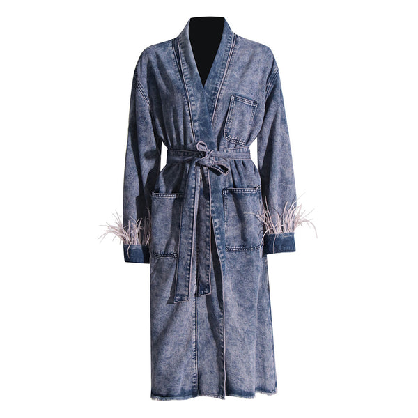 Vintage Shawl Collar Feather Long Sleeve Belted Acid Wash Denim Trench Coat