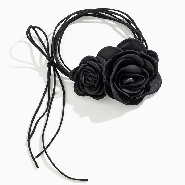 Vintage Silky Satin Double Flower Suede Cord Tie Wrap Choker Necklaces