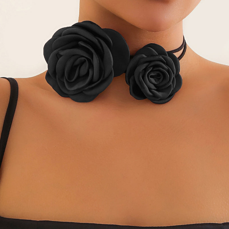 Vintage Silky Satin Double Flower Suede Cord Tie Wrap Choker Necklaces