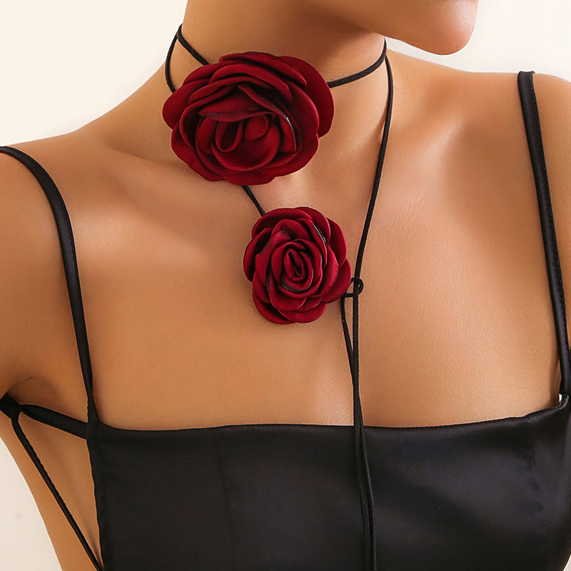 Vintage Silky Satin Double Flower Suede Cord Tie Wrap Choker Necklaces