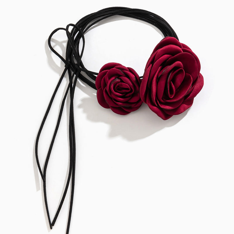 Vintage Silky Satin Double Flower Suede Cord Tie Wrap Choker Necklaces