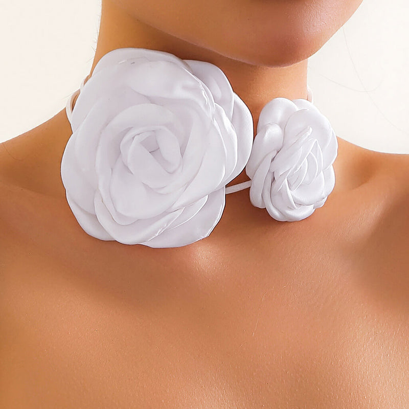 Vintage Silky Satin Double Flower Suede Cord Tie Wrap Choker Necklaces