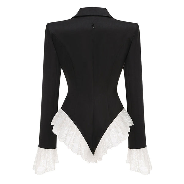 Vintage Strong Shoulder Long Sleeve Ruffle Lace Tailored Thong Bodysuit