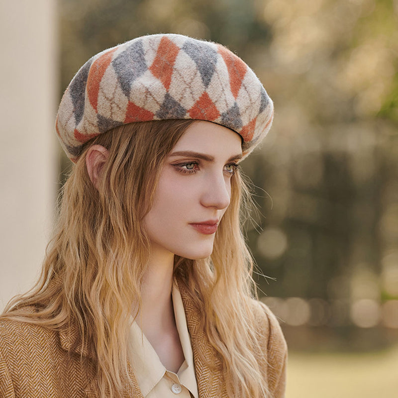 Vintage Style Multicolored Geometric Rhombus Wool Blend Beret