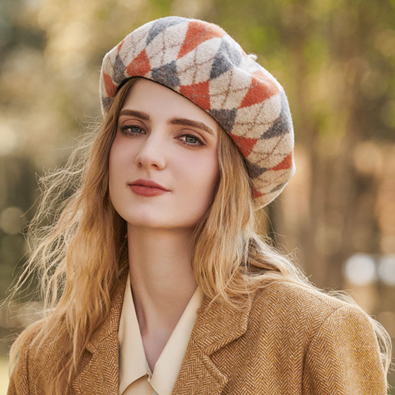 Vintage Style Multicolored Geometric Rhombus Wool Blend Beret