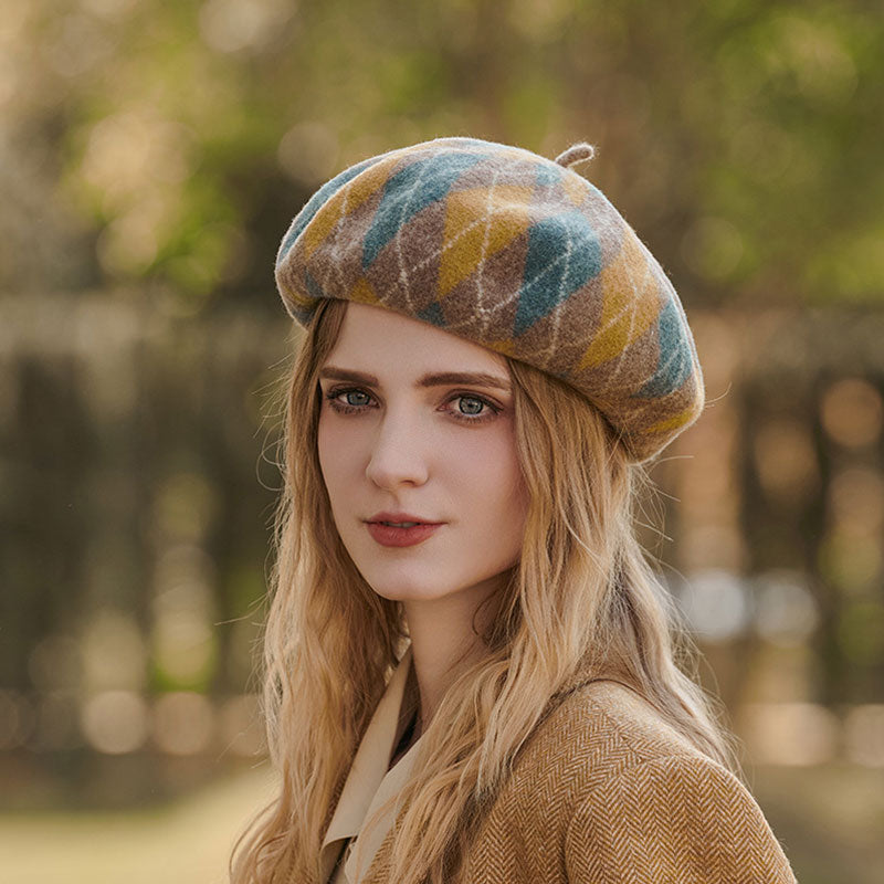 Vintage Style Multicolored Geometric Rhombus Wool Blend Beret