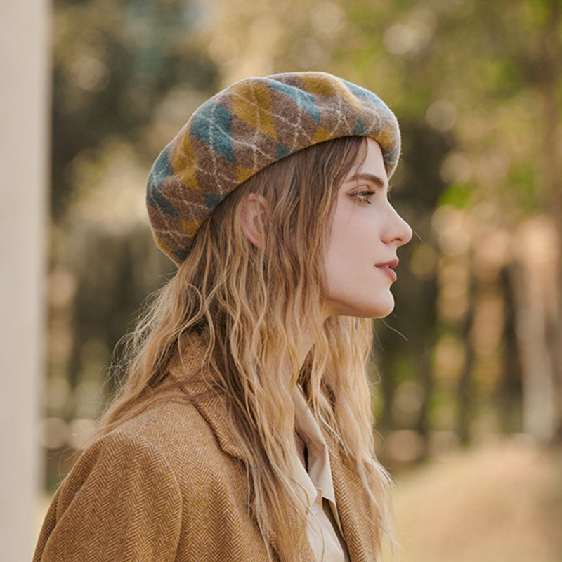 Vintage Style Multicolored Geometric Rhombus Wool Blend Beret