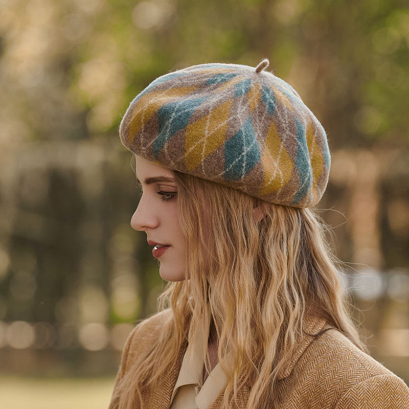 Vintage Style Multicolored Geometric Rhombus Wool Blend Beret