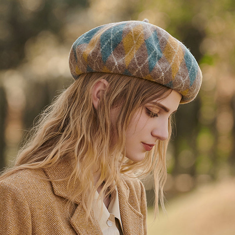 Vintage Style Multicolored Geometric Rhombus Wool Blend Beret