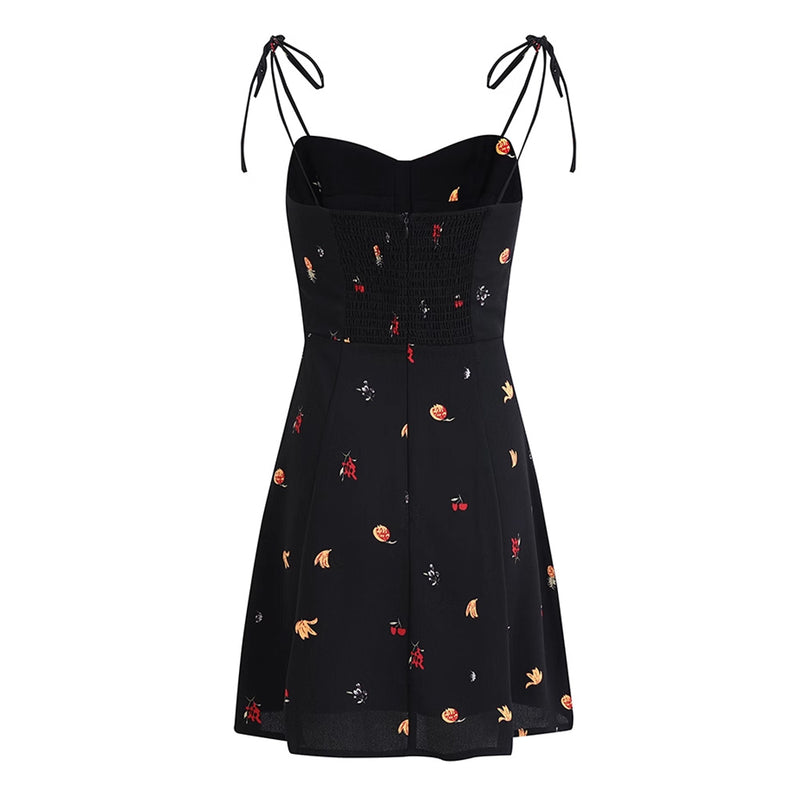 Vintage Sweetheart Neck Tie Strap Pleated Fruit Print Chiffon Mini Sundress