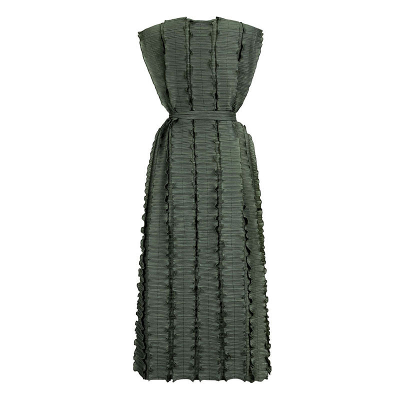 Wonderful Round Neck Beaded Detail Belted Ruffled Sleeveless Pleated Midi Dress