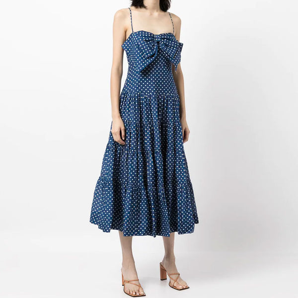 Adorable Polka Dot Bow Trim A-Line Slip Midi Dress - Blue