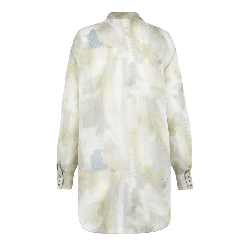 Airy Watercolor Print Long Sleeve Button Down Ramie Blouse - Green