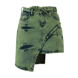 Asymmetric Belted Acid Wash High Waist Mini Denim Skirt