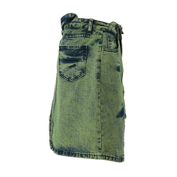 Asymmetric Belted Acid Wash High Waist Mini Denim Skirt