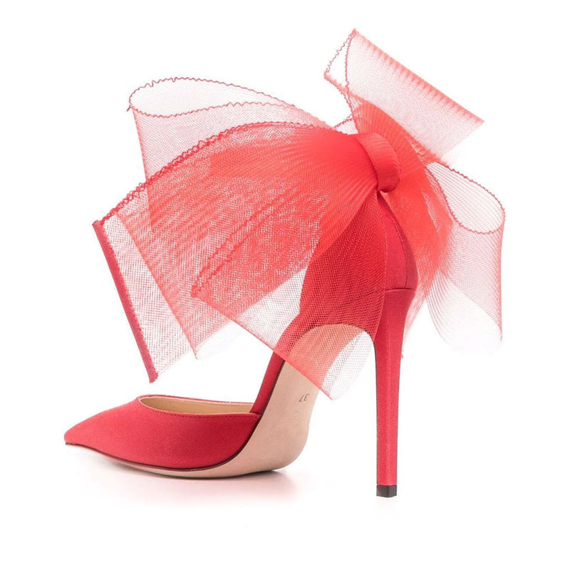 Asymmetric Bow Detail Pointed Toe Ankle Strap Stiletto Pumps - Red