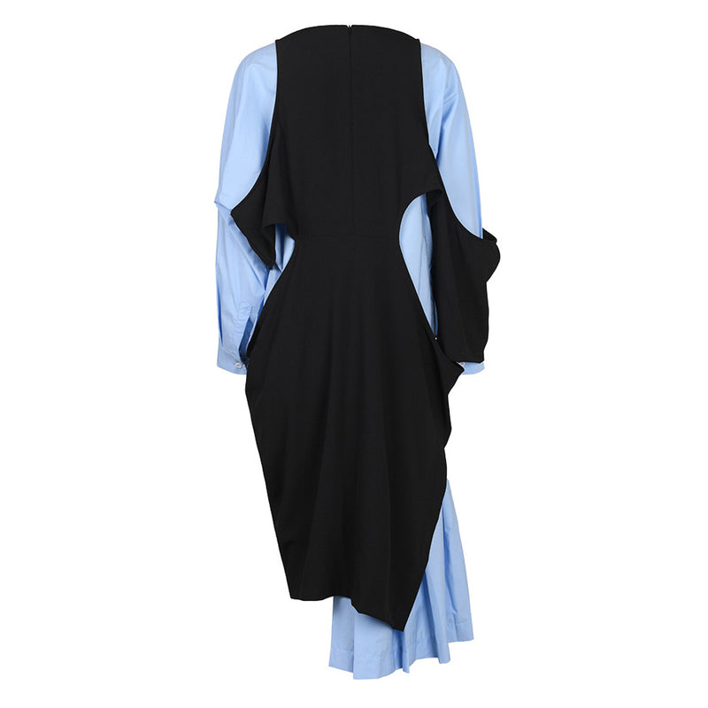 Asymmetric Cut Out Long Sleeve Deconstructed Layered Midi Shirt Dress