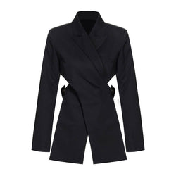 Asymmetric Cutout Peak Lapel Long Sleeve Crossover Belted Tailored Blazer