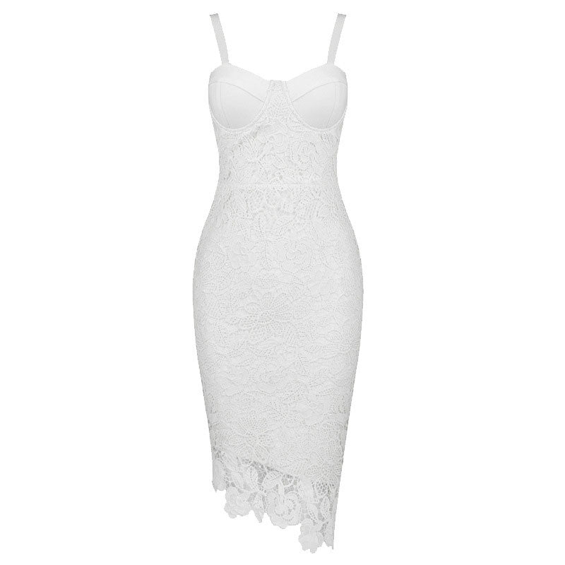 Asymmetric Floral Lace Embroidered Bustier Bandage Party Dress - White