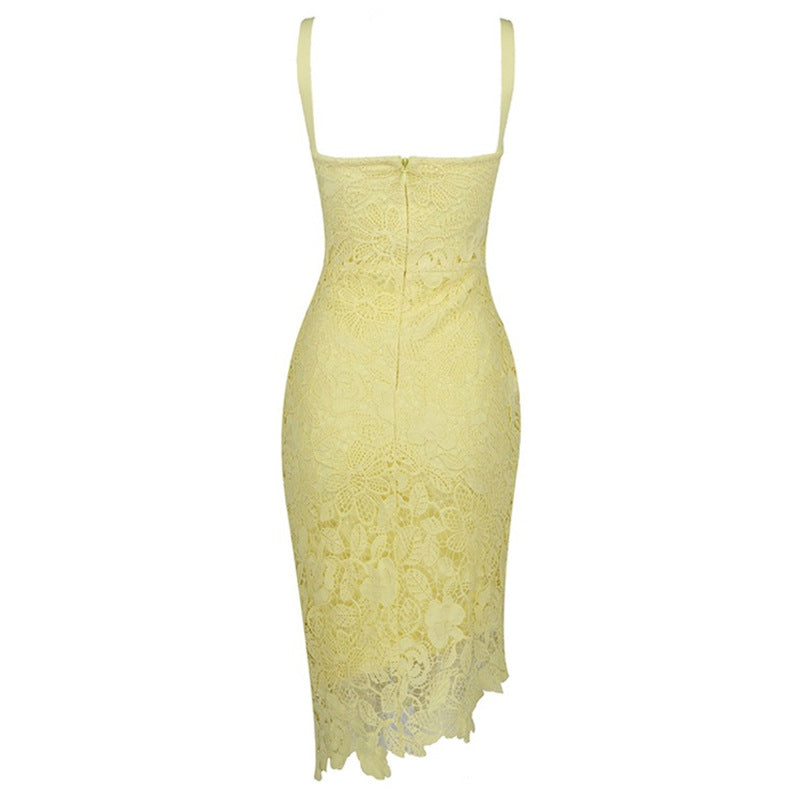 Asymmetric Floral Lace Embroidered Bustier Bandage Party Dress - Yellow