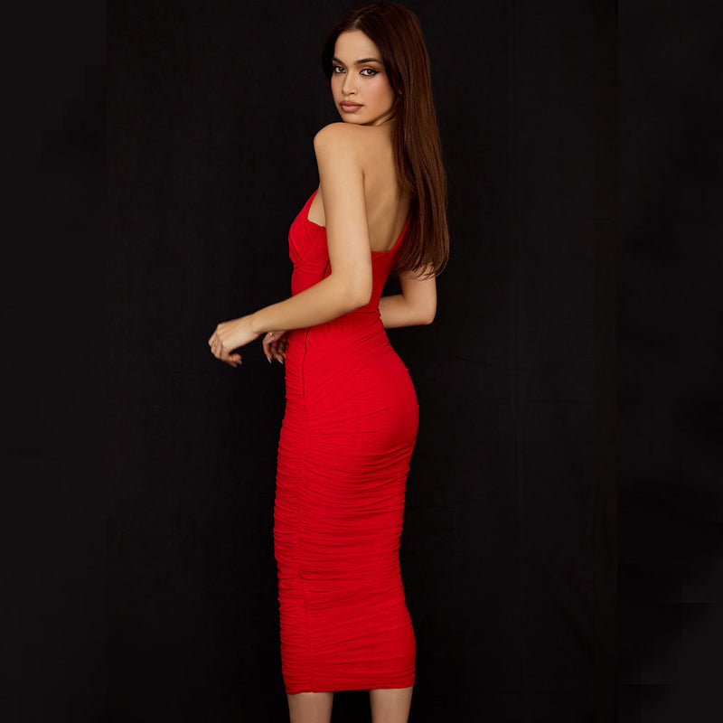 Asymmetric One Shoulder Cutout Ruched Corset Mesh Midi Dress - Red