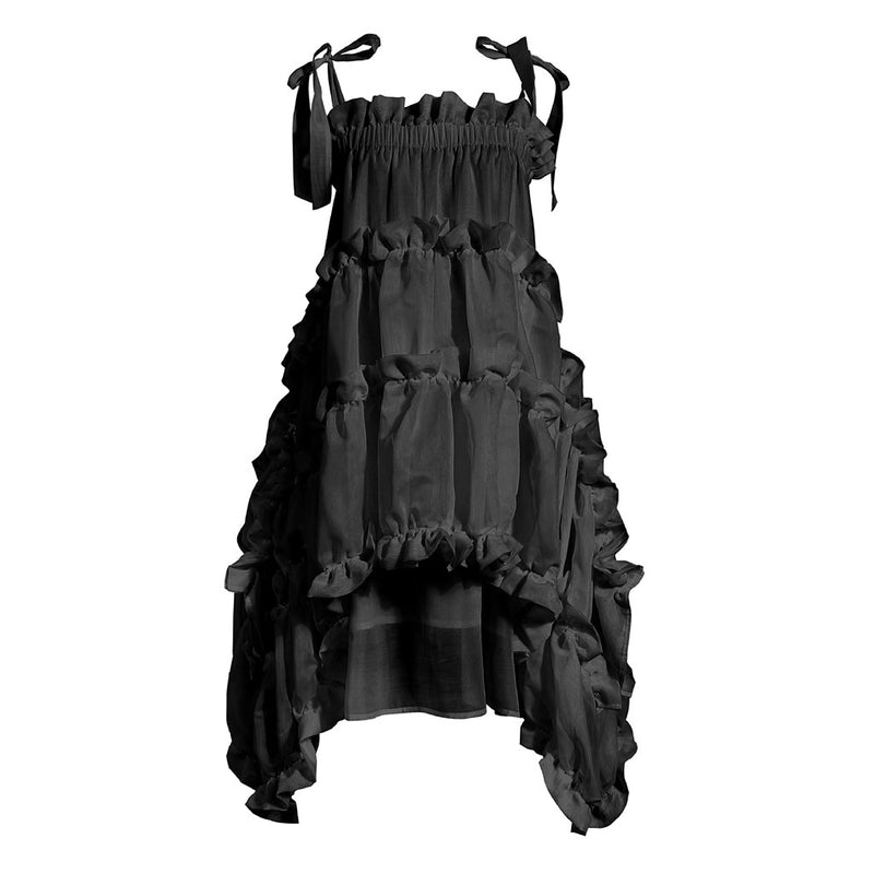 Asymmetric Ruffle Tiered Shoulder Tie Chiffon Midi Babydoll Dress