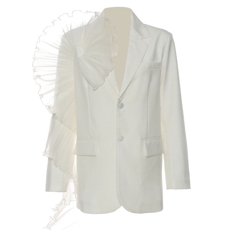 Asymmetric Ruffle Trim Lapel Collar Single Breasted Oversized Blazer - White