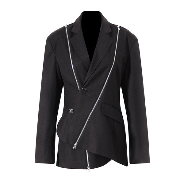 Asymmetric Single Breasted Metal Zip Detail Long Sleeve Lapel Collar Blazer