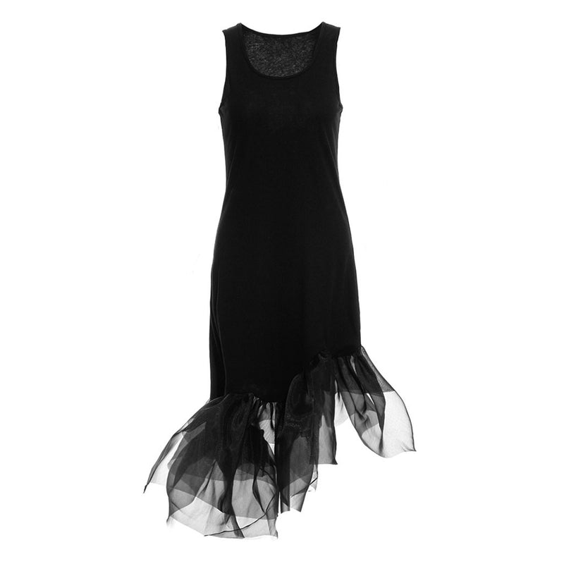 Asymmetrical Ruffle Tulle Hem Scoop Neck Cotton Blend Sleeveless Dress