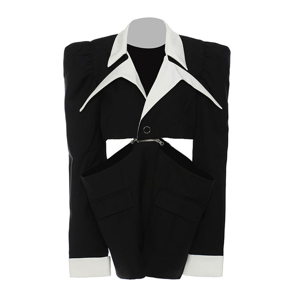 Avant Garde Contrast Lapel Cutout Zipper Waist Single Button Long Blazer