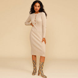 Bowknot Trim Cutout Long Sleeve Rib Knit Midi Sweater Dress - Apricot