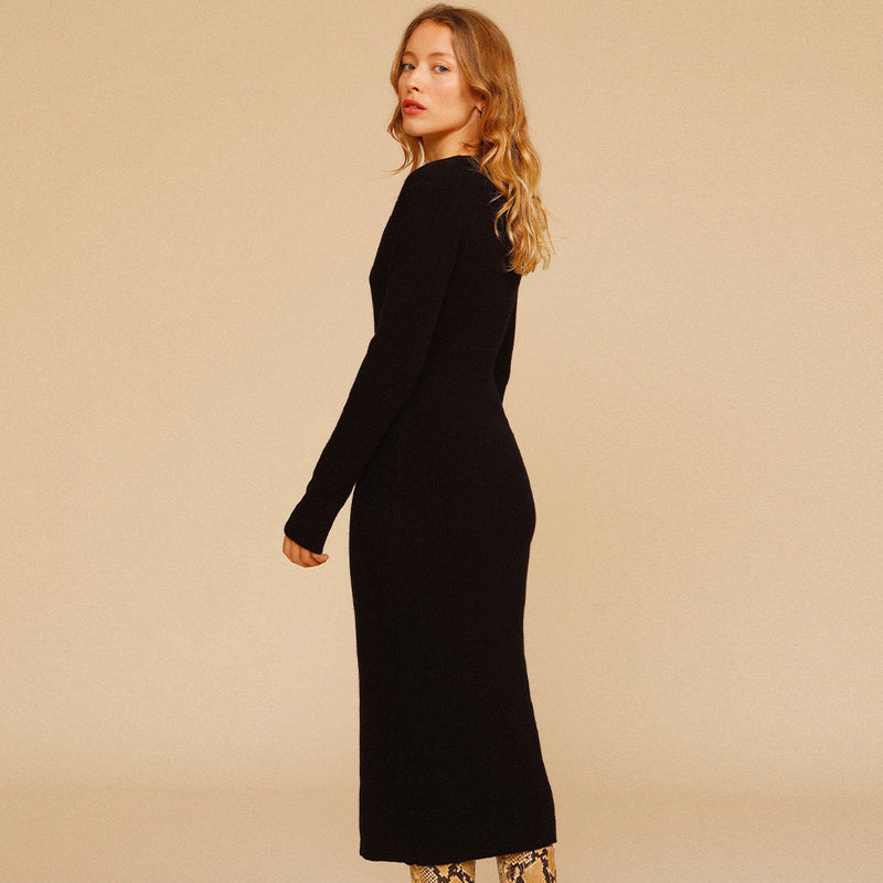 Bowknot Trim Cutout Long Sleeve Rib Knit Midi Sweater Dress - Black