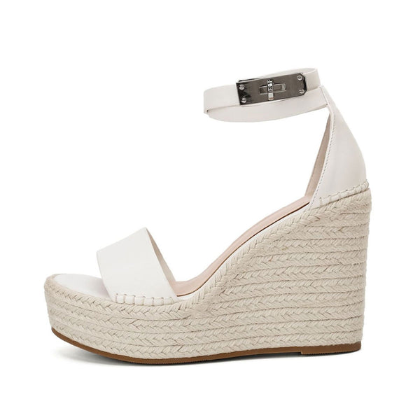 Casual Ankle Strap Platform Open Round Toe Wedge Espadrilles - White