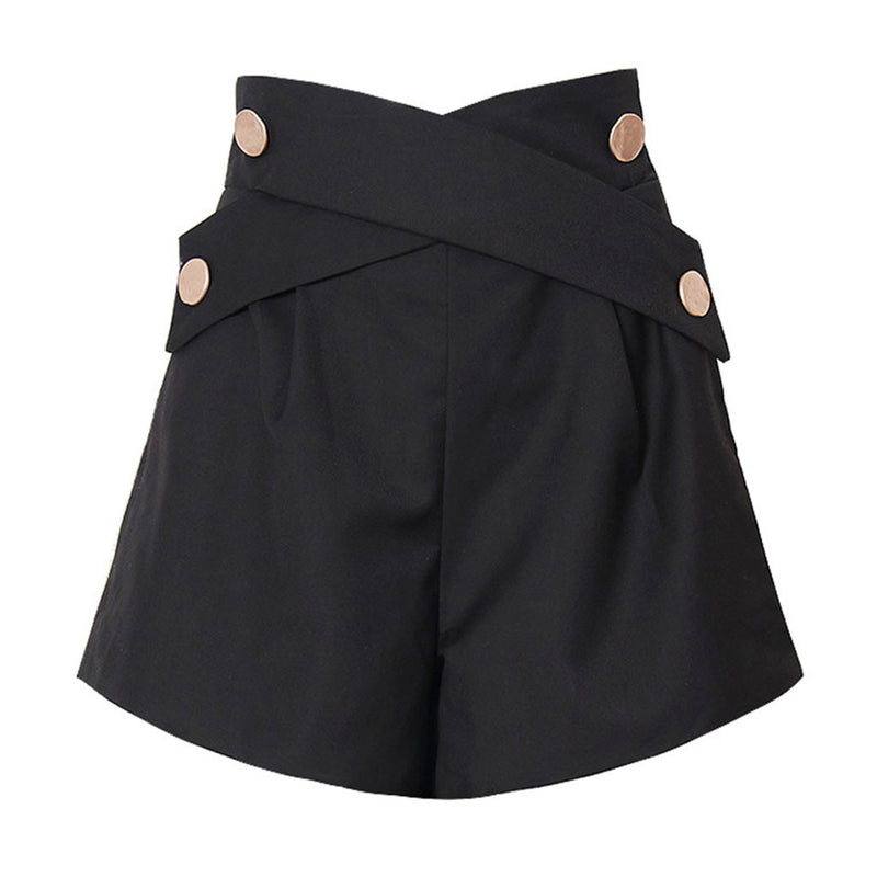 Casual Metallic Button Cross Strap High Waist Frill Trim A-Line Shorts