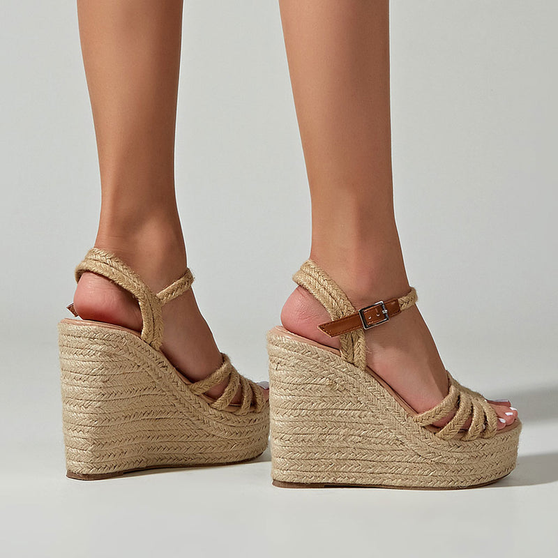 Chic Braided Effect Open Toe Ankle Strap Wedge Espadrilles - Beige