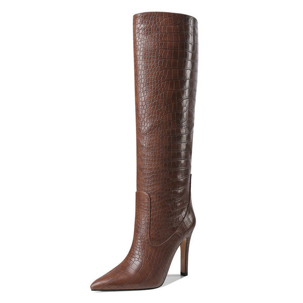 Chic Croc Effect Faux Leather Pointed Toe Knee High Stiletto Boots - Brown