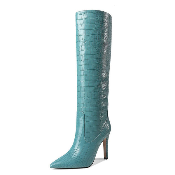 Chic Croc Effect Faux Leather Pointed Toe Knee High Stiletto Boots - Teal