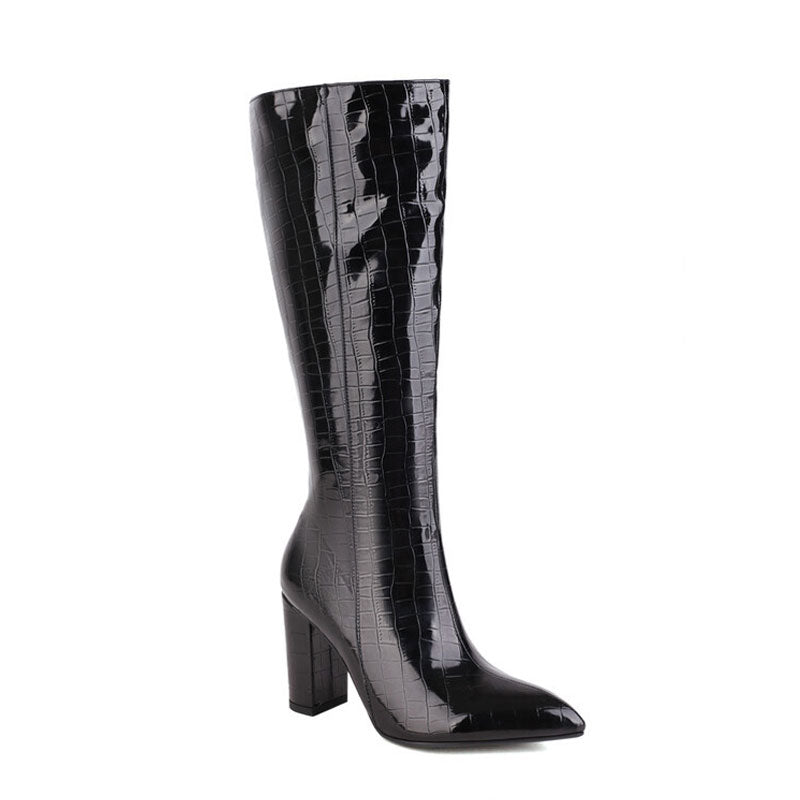 Chic Croc Effect Pointed Toe Chunky Heel Knee High Boots - Black