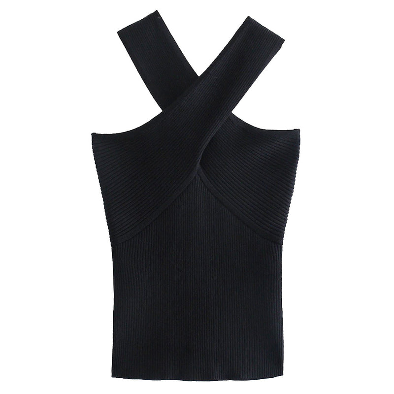 Chic Cross Strap Ribbed Knit Little Black Tank Top - Black