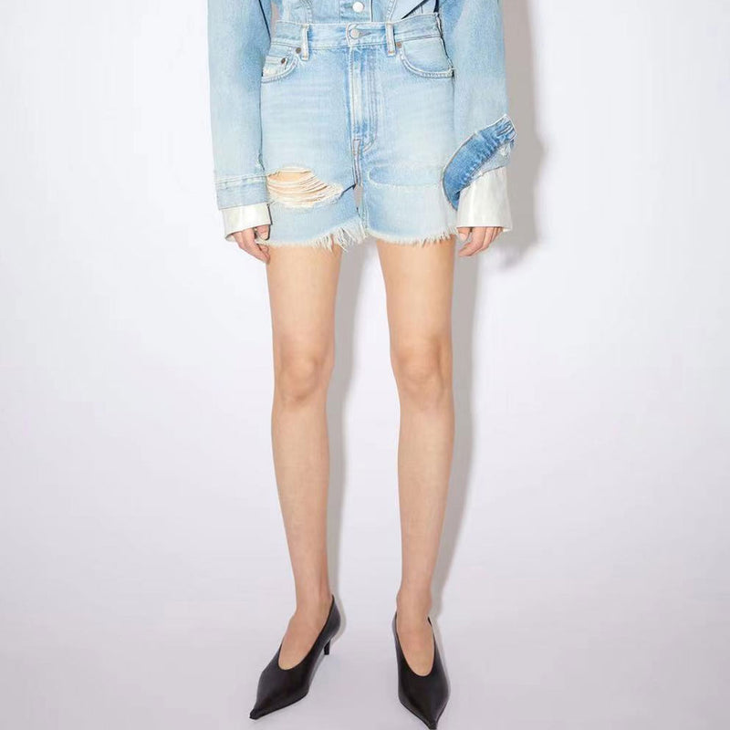 Chic High Rise Distressed Patch Frayed Hem Jean Shorts - Light Blue