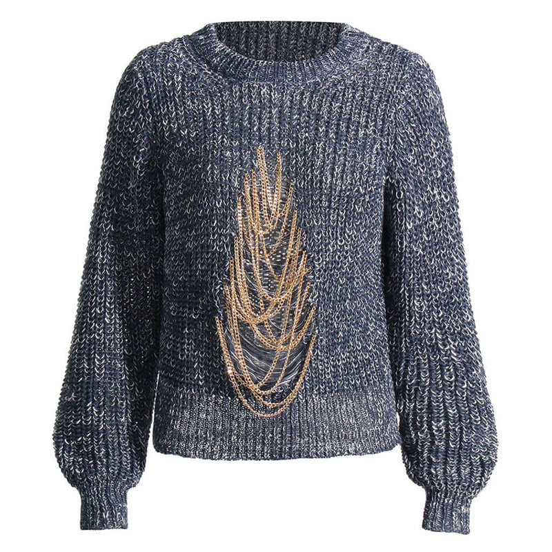 Chic Metal Chain Embellished Distressed Front Marled Knit Pullover Sweater - Blue